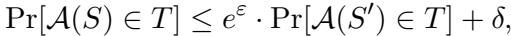 Standard definition of Differential Privacy inequality.