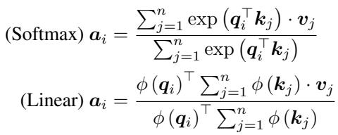 Equations comparing Softmax and Linear Attention.