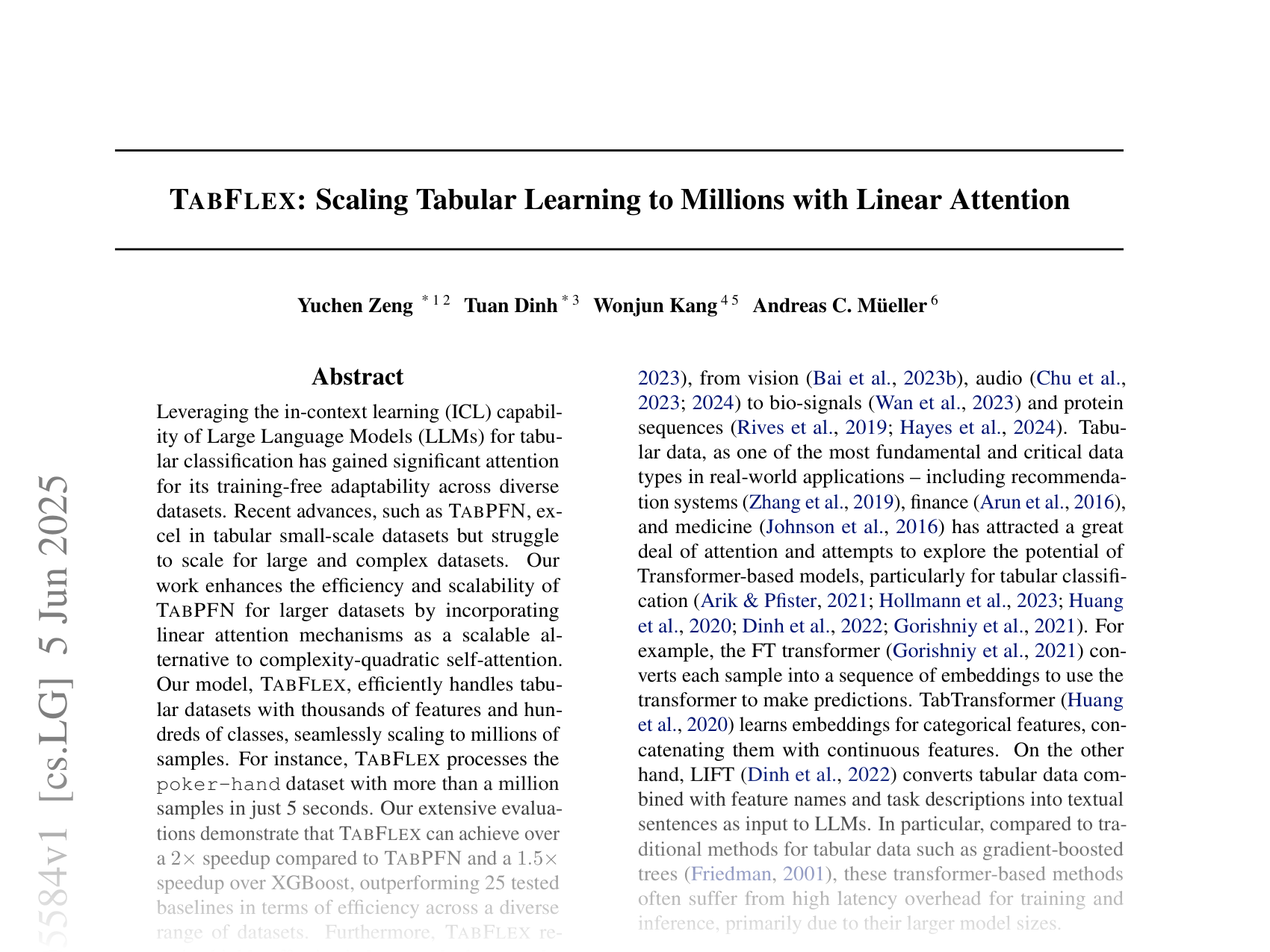 [TABFLEX: Scaling Tabular Learning to Millions with Linear Attention 🔗](https://arxiv.org/abs/2506.05584)