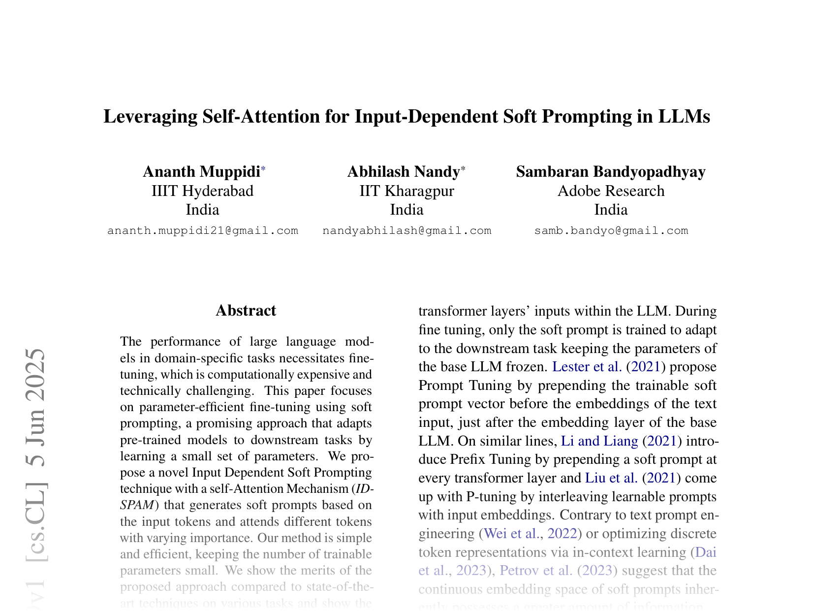 [Leveraging Self-Attention for Input-Dependent Soft Prompting in LLMs 🔗](https://arxiv.org/abs/2506.05629)