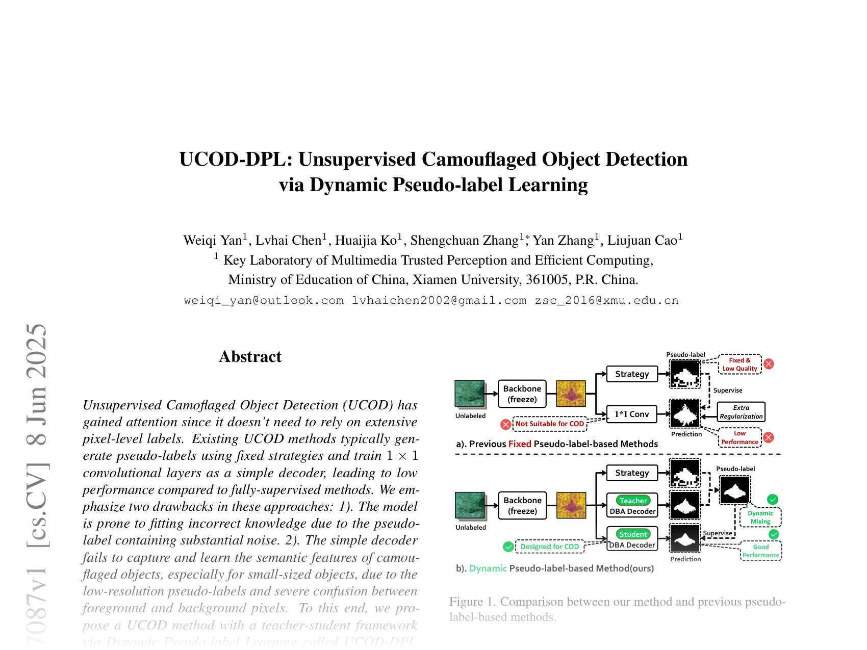 [UCOD-DPL: Unsupervised Camouflaged Object Detection via Dynamic Pseudo-label Learning 🔗](https://arxiv.org/abs/2506.07087)