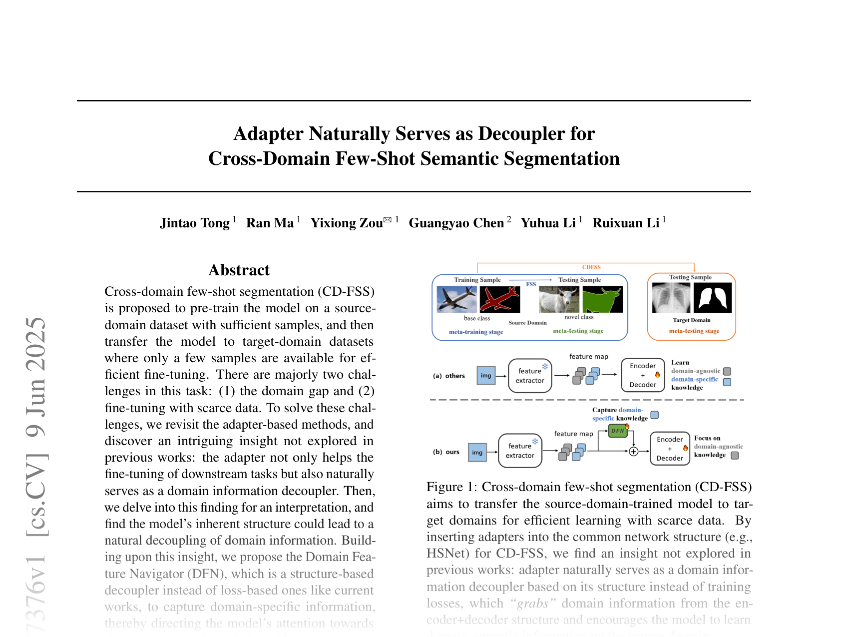 [Adapter Naturally Serves as Decoupler for Cross-Domain Few-Shot Semantic Segmentation 🔗](https://arxiv.org/abs/2506.07376)