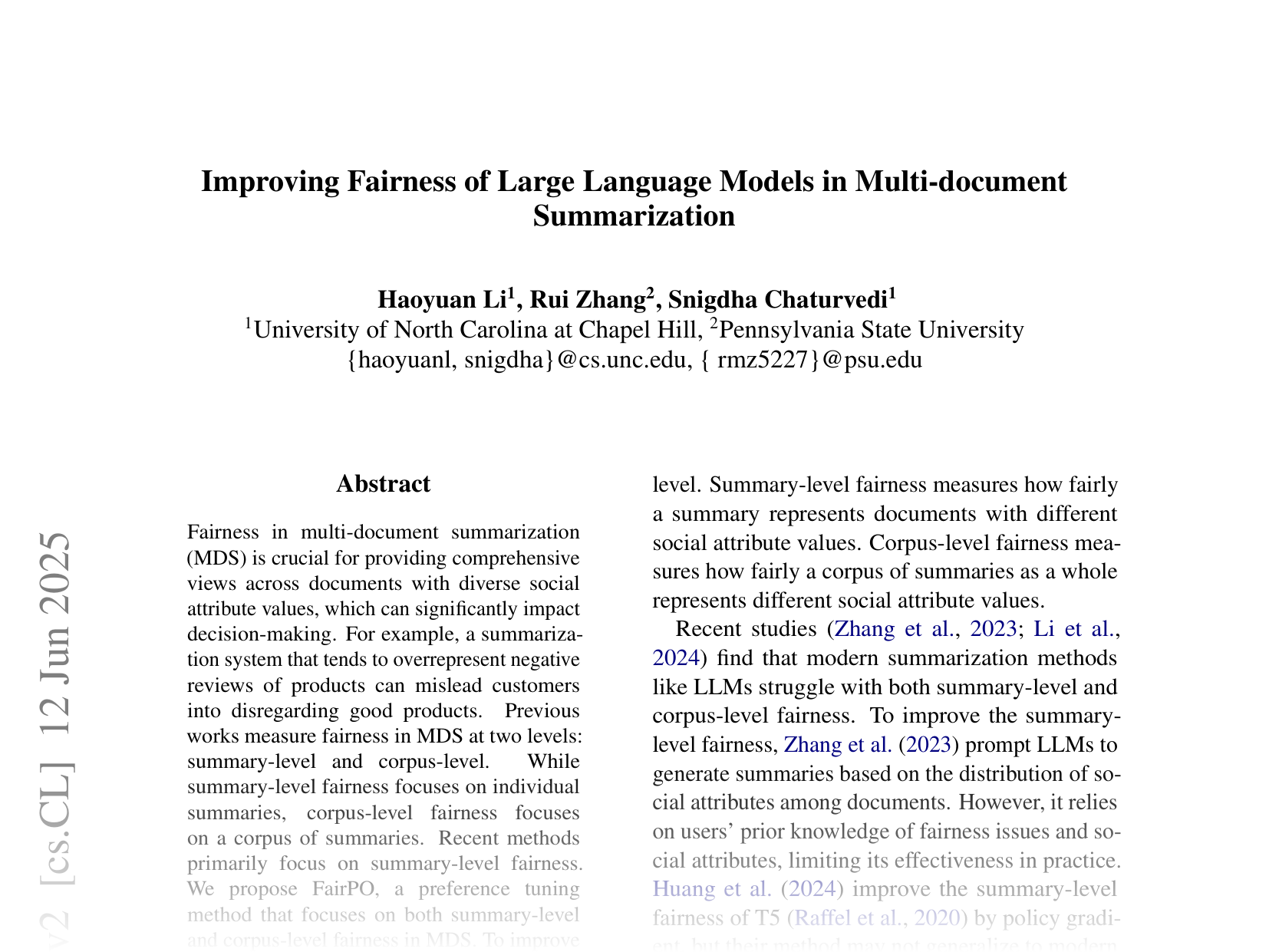 [Improving Fairness of Large Language Models in Multi-document Summarization 🔗](https://arxiv.org/abs/2506.07479)