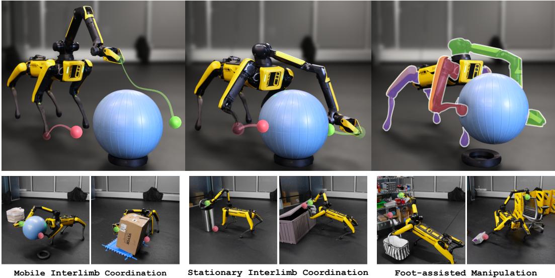 ReLIC enables a robot to use its limbs flexibly, such as using a leg and arm together to carry a yoga ball.