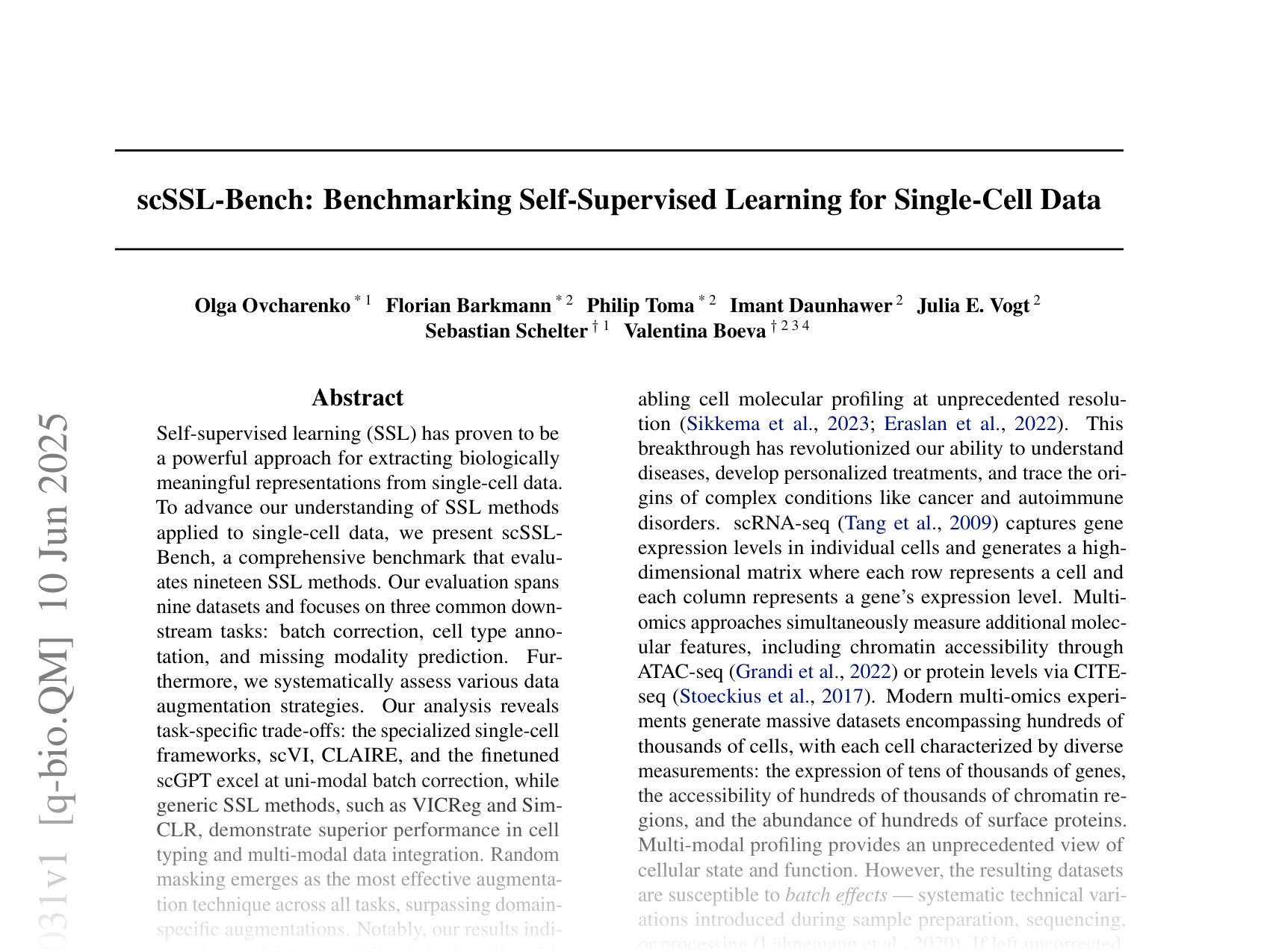 [scSSL-Bench: Benchmarking Self-Supervised Learning for Single-Cell Data 🔗](https://arxiv.org/abs/2506.10031)