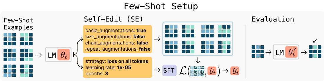 Few-shot setup. The model sees examples, produces a self-edit specifying augmentations and hyperparameters, finetunes, and is evaluated on a held-out test case.