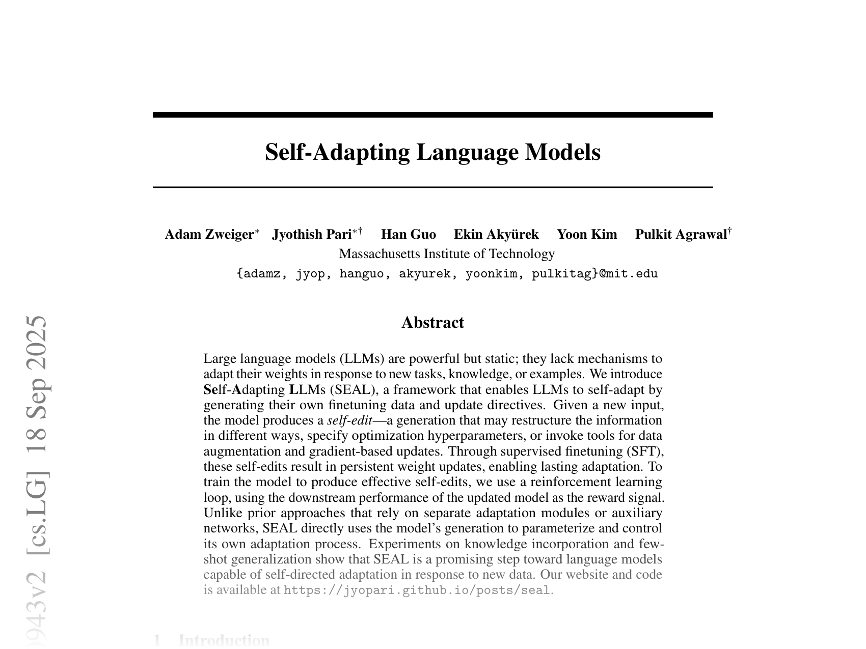 [Self-Adapting Language Models 🔗](https://arxiv.org/abs/2506.10943)