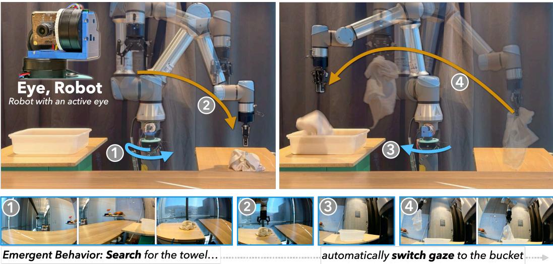 EyeRobot Overview: A robot arm and a moving mechanical eye working together to find a towel and place it in a bucket.
