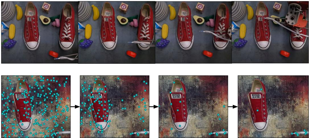 Figure 10: The Shoe Lacing task. Top: Successful execution with distractors. Bottom: The distillation process selecting eyelets and lace tips.