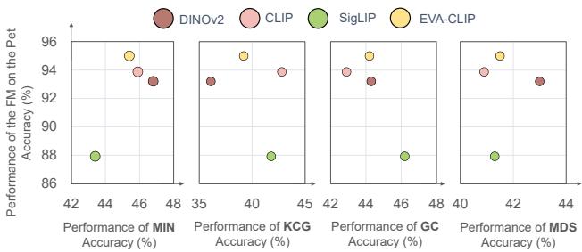 Relationship between foundation model performance and subset selection.