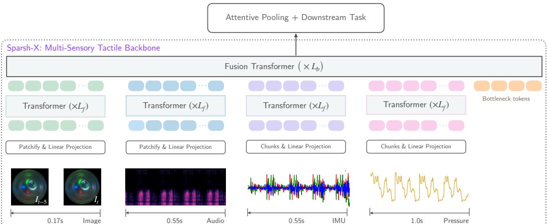 Figure 2: Sparsh-X, a multisensory touch transformer for general-purpose representations, integrates four tactile inputs: image, audio, accelerometer, and pressure. Each modality is processed independently in the first L_f layers, then fused using bottleneck tokens for cross-modal attention in the final L_b layers.