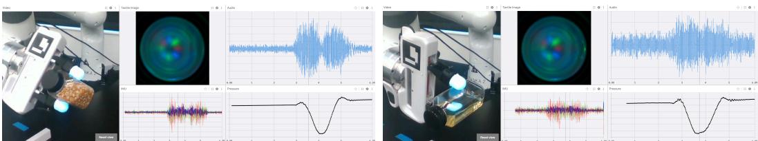 Figure 10: Visualization of the experimental setup and tactile sensory inputs for the material-quantity classification dataset. The setup involves shaking bottles filled with different materials and quantities using the Franka&rsquo;s gripper equipped with Digit 360 sensors.