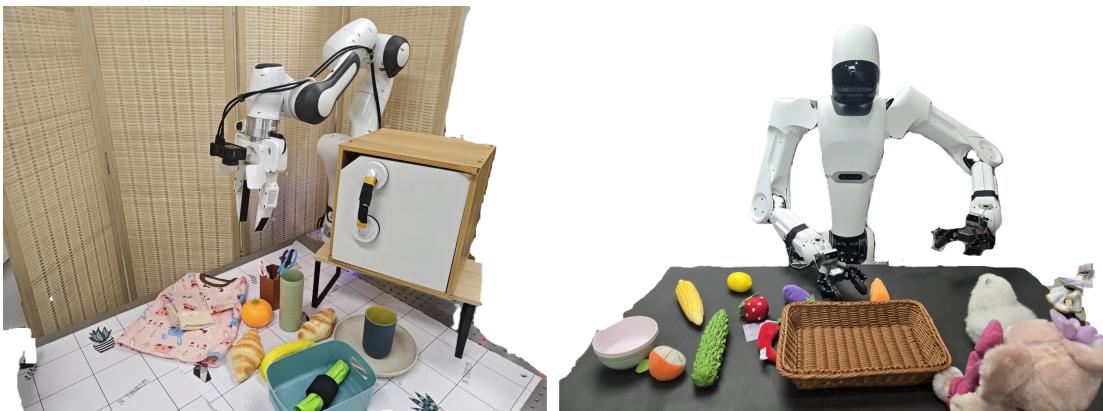 Fig. 7: The physical evaluation setup with Franka Panda and AstriBot-S1.