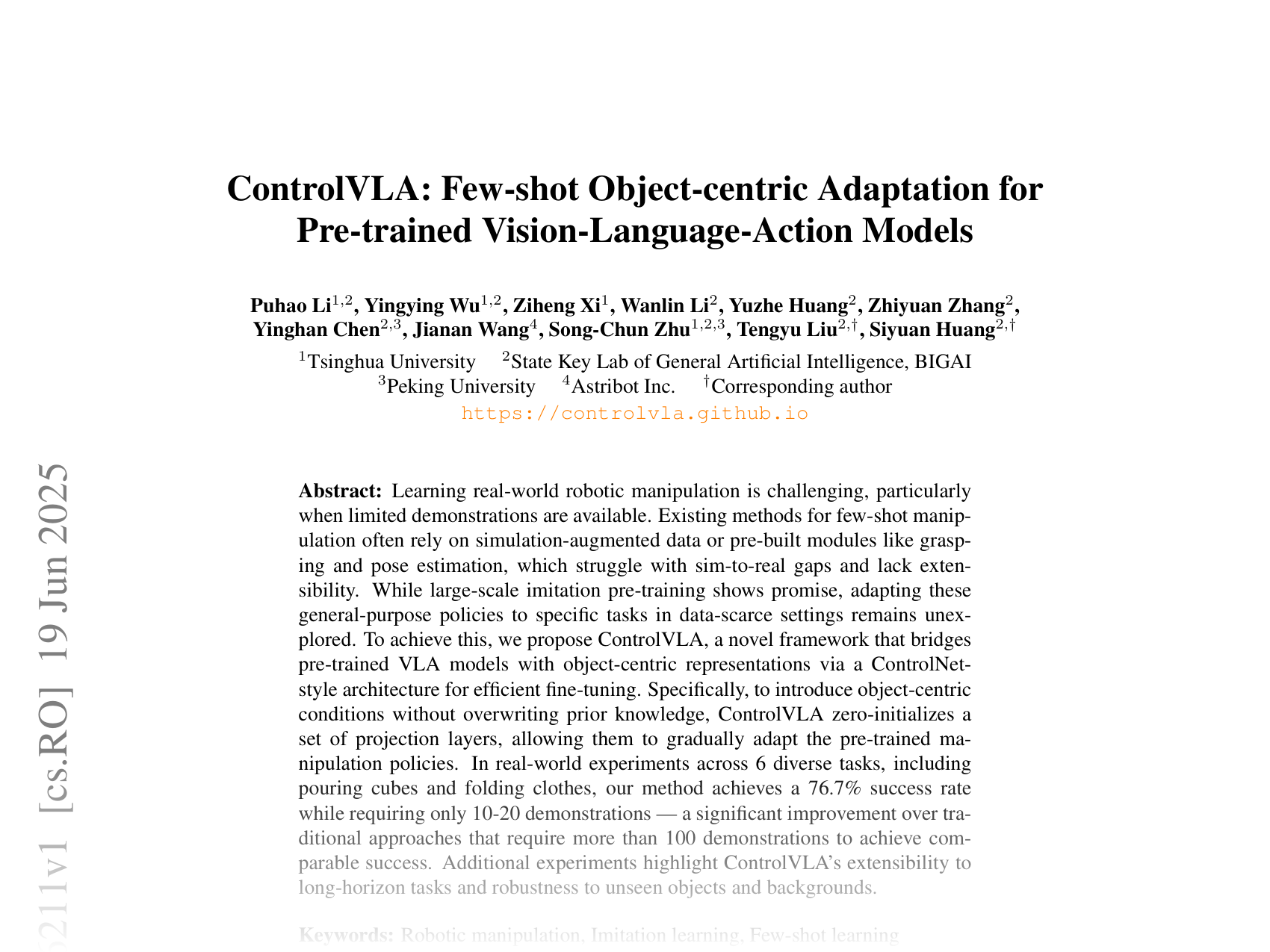 [ControlVLA: Few-shot Object-centric Adaptation for Pre-trained Vision-Language-Action Models 🔗](https://arxiv.org/abs/2506.16211)