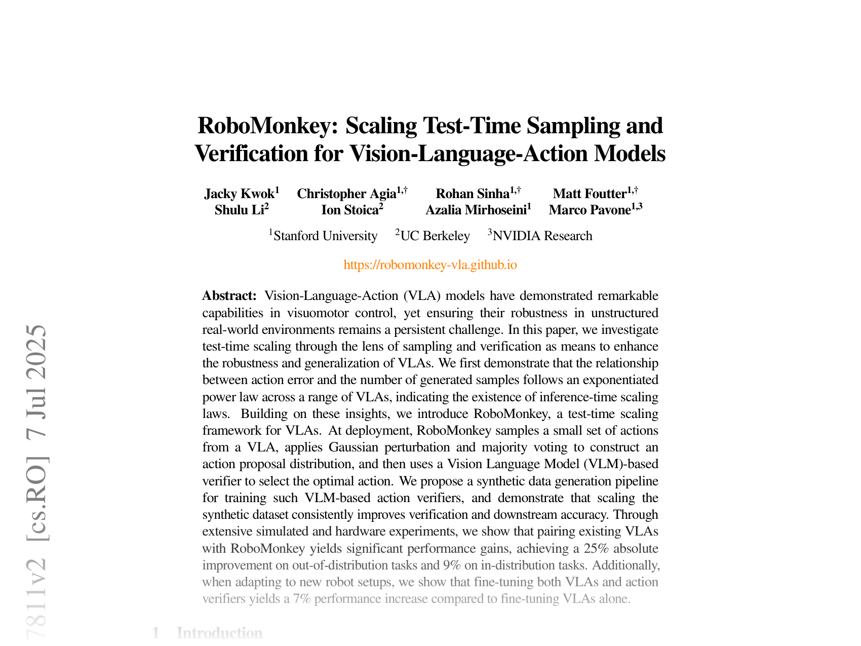 [RoboMonkey: Scaling Test-Time Sampling and Verification for Vision-Language-Action Models 🔗](https://arxiv.org/abs/2506.17811)
