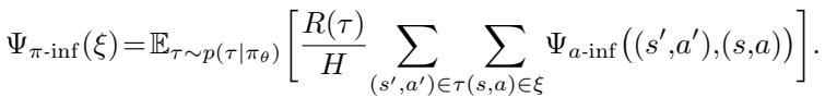Equation showing the decomposition of performance influence into expected return and action influences.