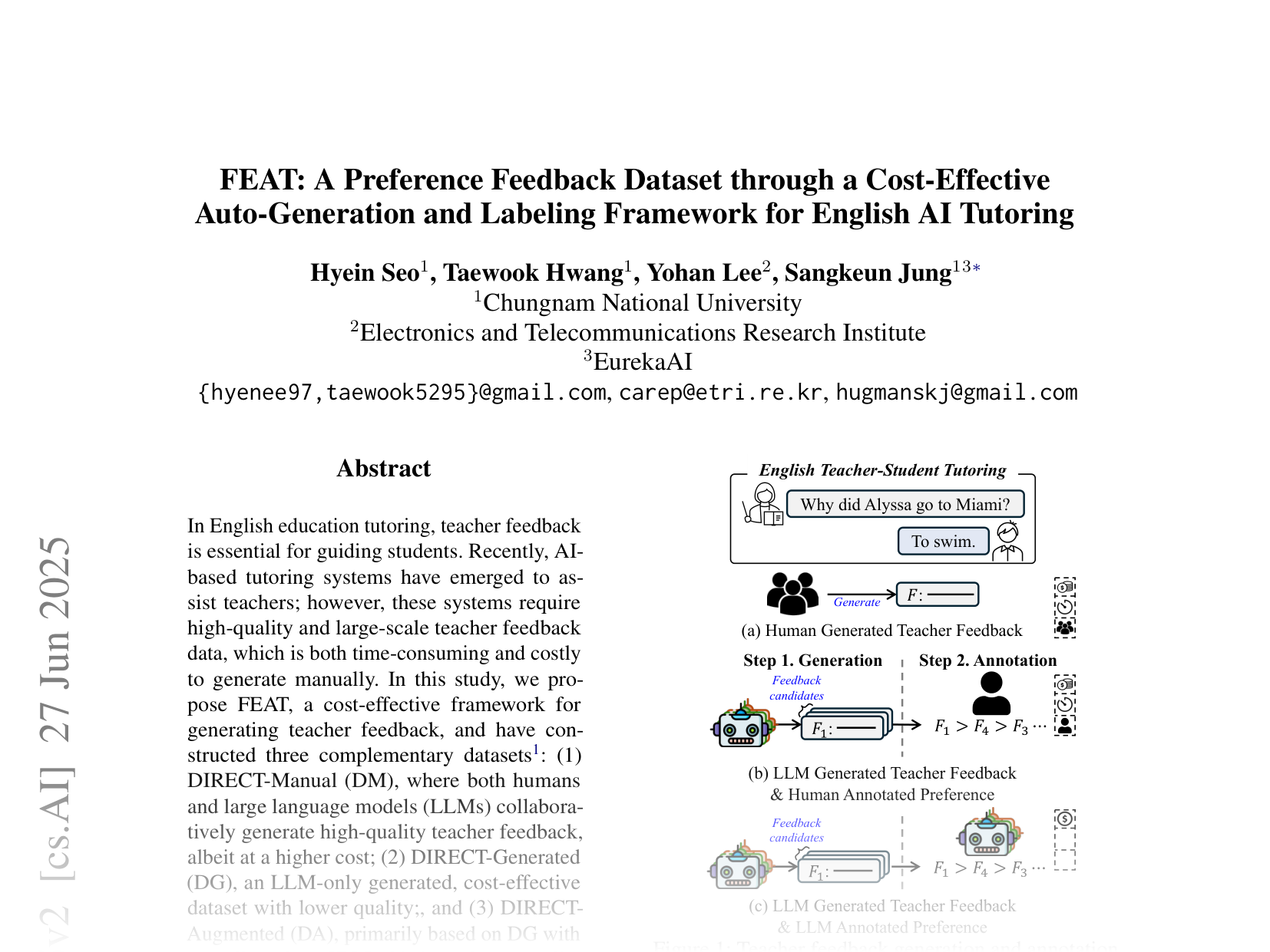 [FEAT: A Preference Feedback Dataset through a Cost-Effective Auto-Generation and Labeling Framework for English AI Tutoring 🔗](https://arxiv.org/abs/2506.19325)