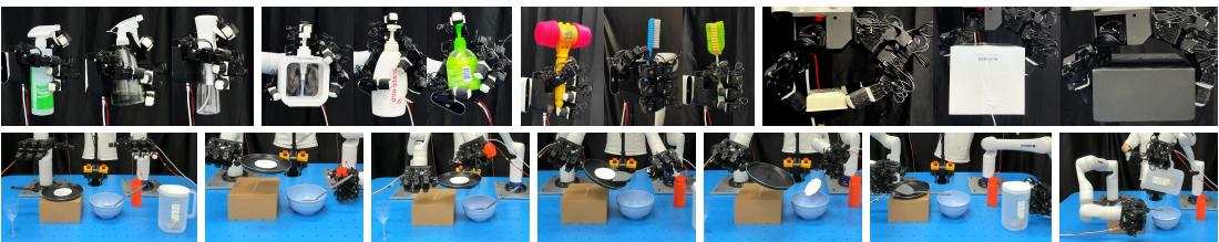 Visualization of type generalization across different objects and long-horizon tasks.