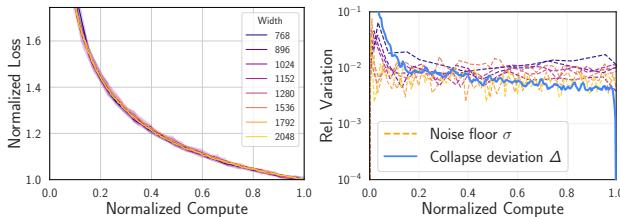 Charts comparing normalized loss and relative variation. The right chart shows Collapse Deviation (blue) being comparable to the Noise Floor (orange) for constant LR.