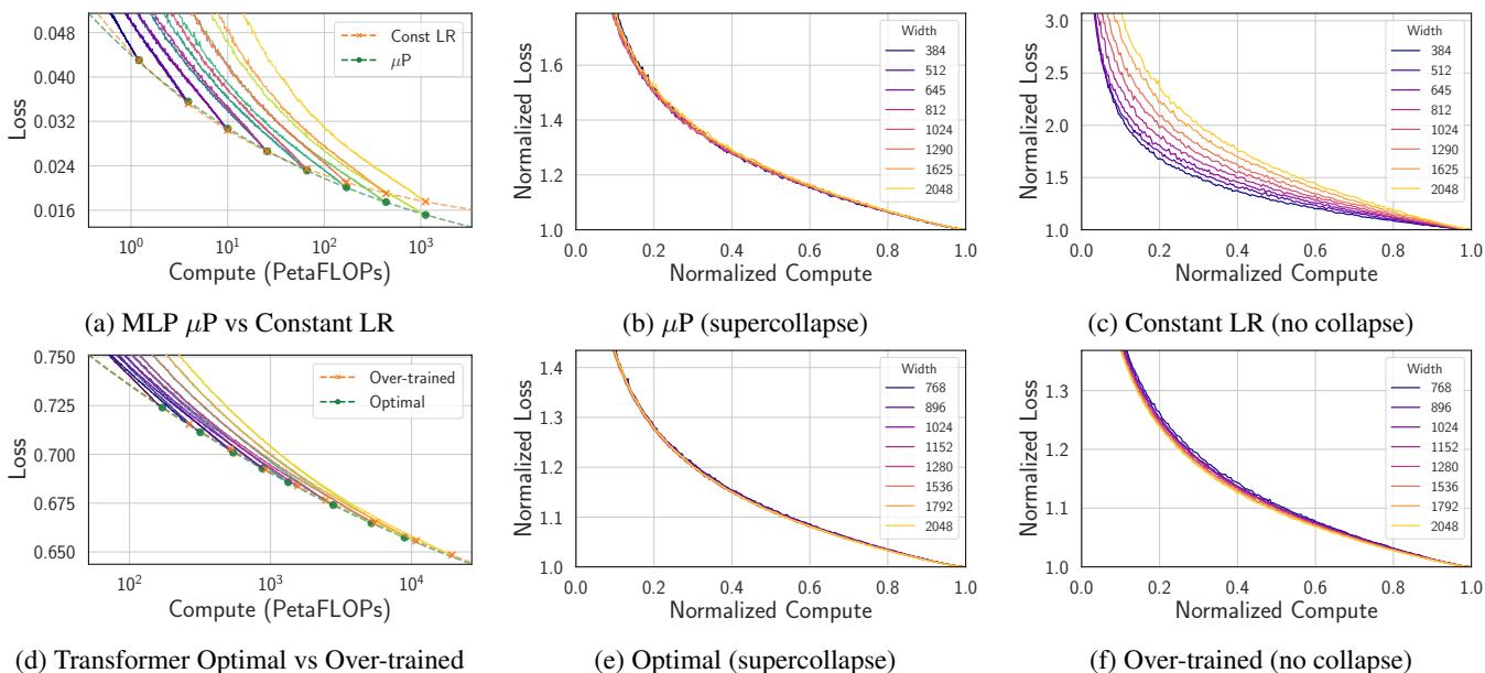 Charts showing broken collapse. Top: Constant LR instead of muP breaks collapse. Bottom: Wrong data exponent breaks collapse.