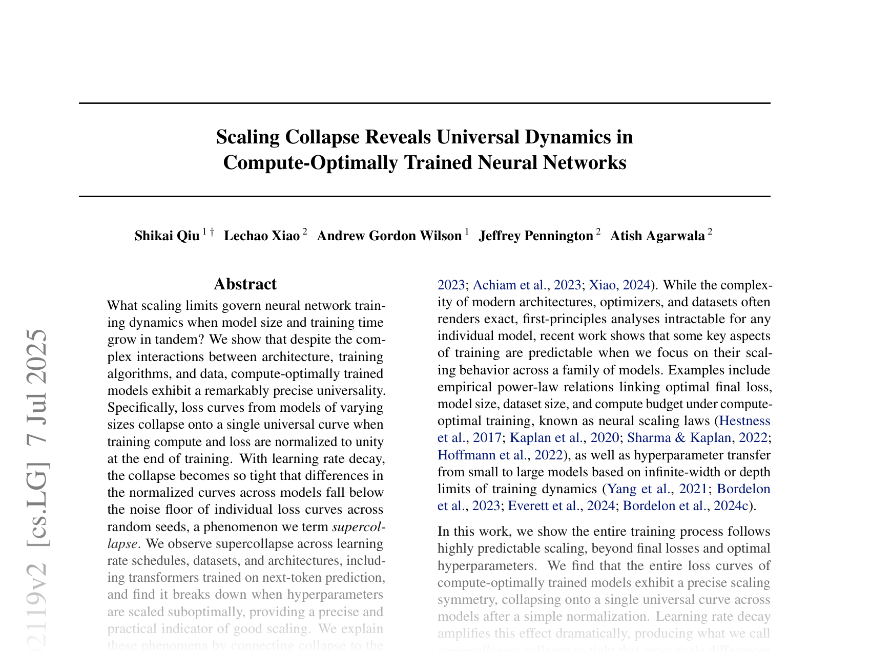 [Scaling Collapse Reveals Universal Dynamics in Compute-Optimally Trained Neural Networks 🔗](https://arxiv.org/abs/2507.02119)