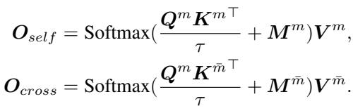 Equation showing the separation of self-modal and cross-modal attention calculations.
