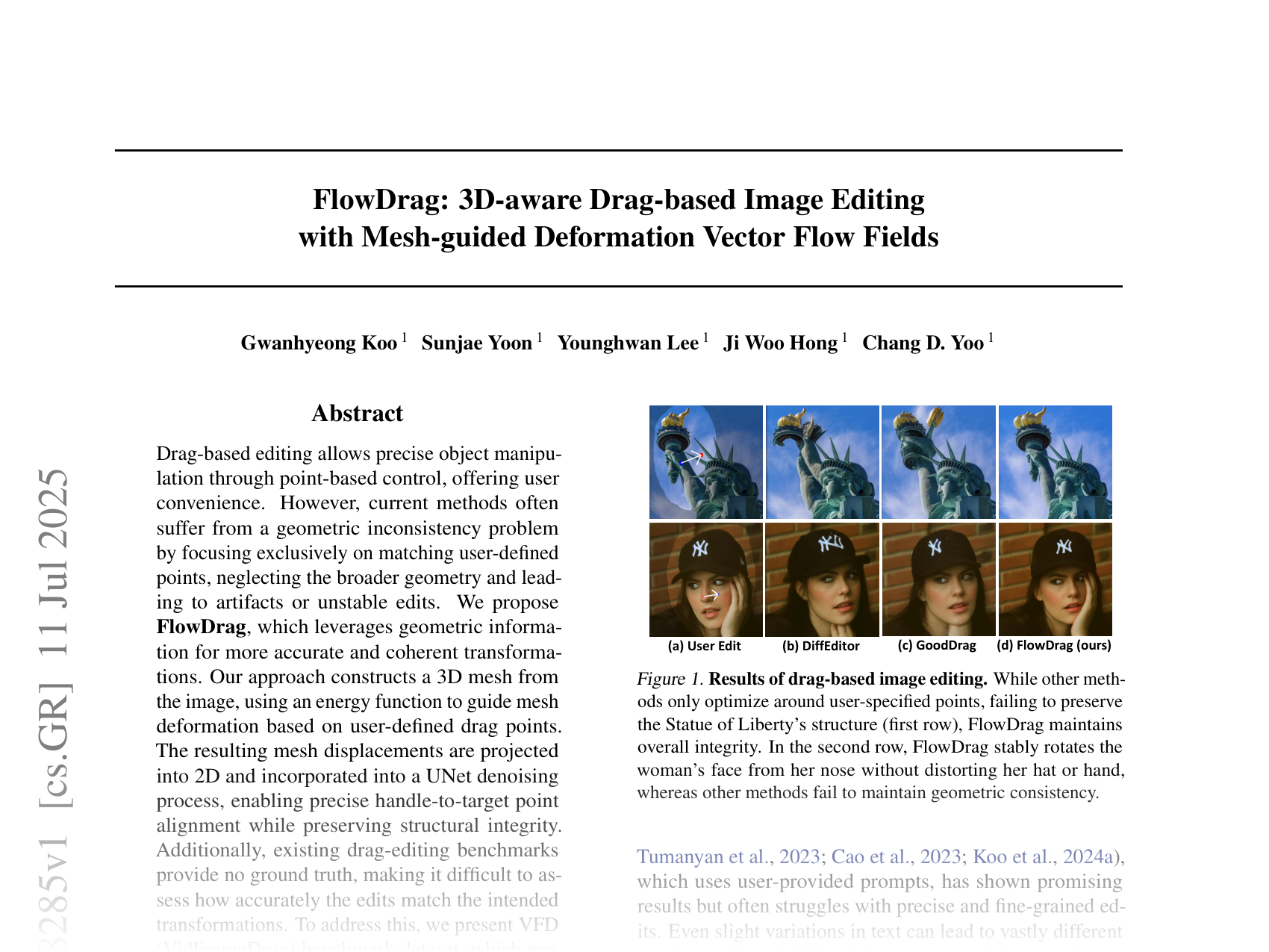 [FlowDrag: 3D-aware Drag-based Image Editing with Mesh-guided Deformation Vector Flow Fields 🔗](https://arxiv.org/abs/2507.08285)