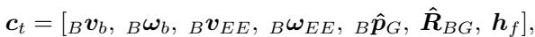 显示指令向量分量的方程，包括基座速度、末端执行器速度和目标位姿。