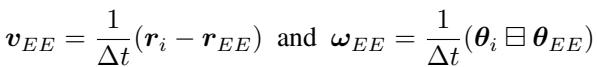 显示基于插值目标计算末端执行器速度和角速度的方程。