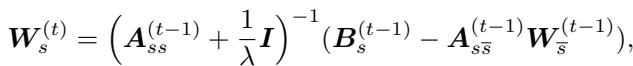 Equation showing the sparse update rule for the weight matrix W. It involves matrix inversion and multiplication based on the active features.