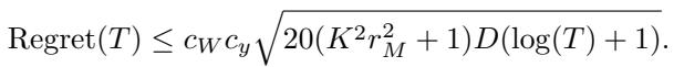 Equation 9 showing the regret bound is proportional to the square root of log T.