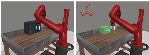 Two robotic arm scenarios side by side. On the left, a door handle requires a circular motion. On the right, a drawer handle requires a linear motion. This illustrates physical conflicts if the state space is not designed carefully.