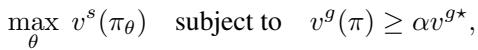 The optimization objective. Maximize style value subject to task value being greater than alpha times optimal task value.