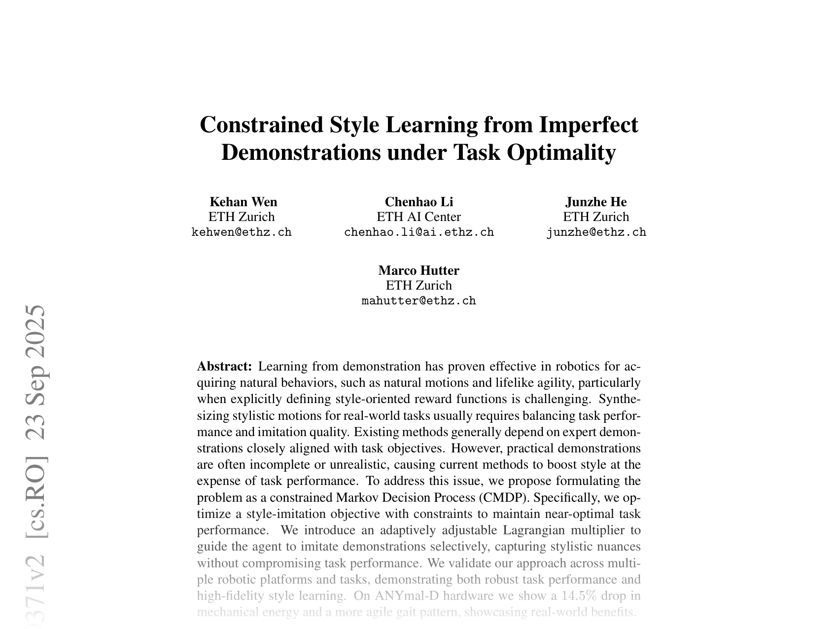 [Constrained Style Learning from Imperfect Demonstrations under Task Optimality 🔗](https://arxiv.org/abs/2507.09371)