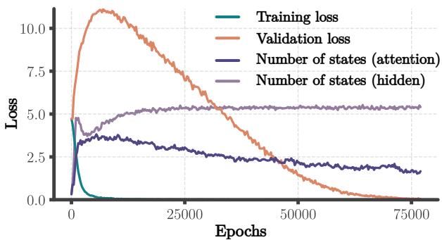 Training loss and state counts for a transformer. Mergers appear in the attention matrix, not the hidden layer.