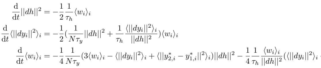 System of differential equations describing the evolution of representational distance and output alignment.