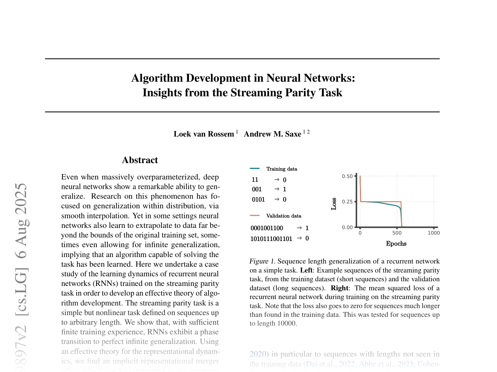 [Algorithm Development in Neural Networks: Insights from the Streaming Parity Task 🔗](https://arxiv.org/abs/2507.09897)