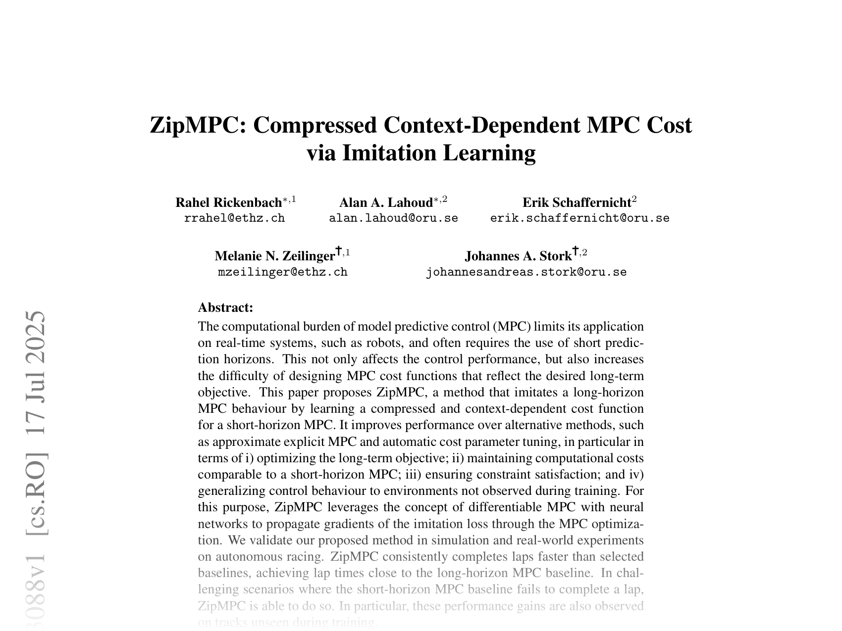 [ZipMPC: Compressed Context-Dependent MPC Cost via Imitation Learning 🔗](https://arxiv.org/abs/2507.13088)