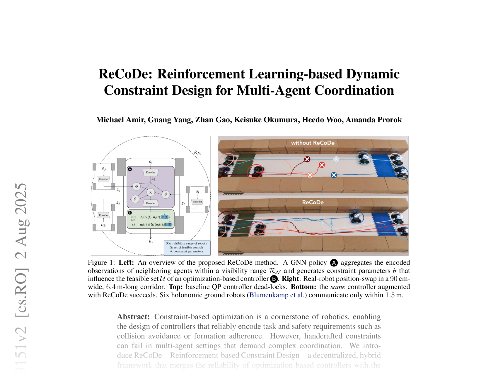 [ReCoDe: Reinforcement Learning-based Dynamic Constraint Design for Multi-Agent Coordination 🔗](https://arxiv.org/abs/2507.19151)