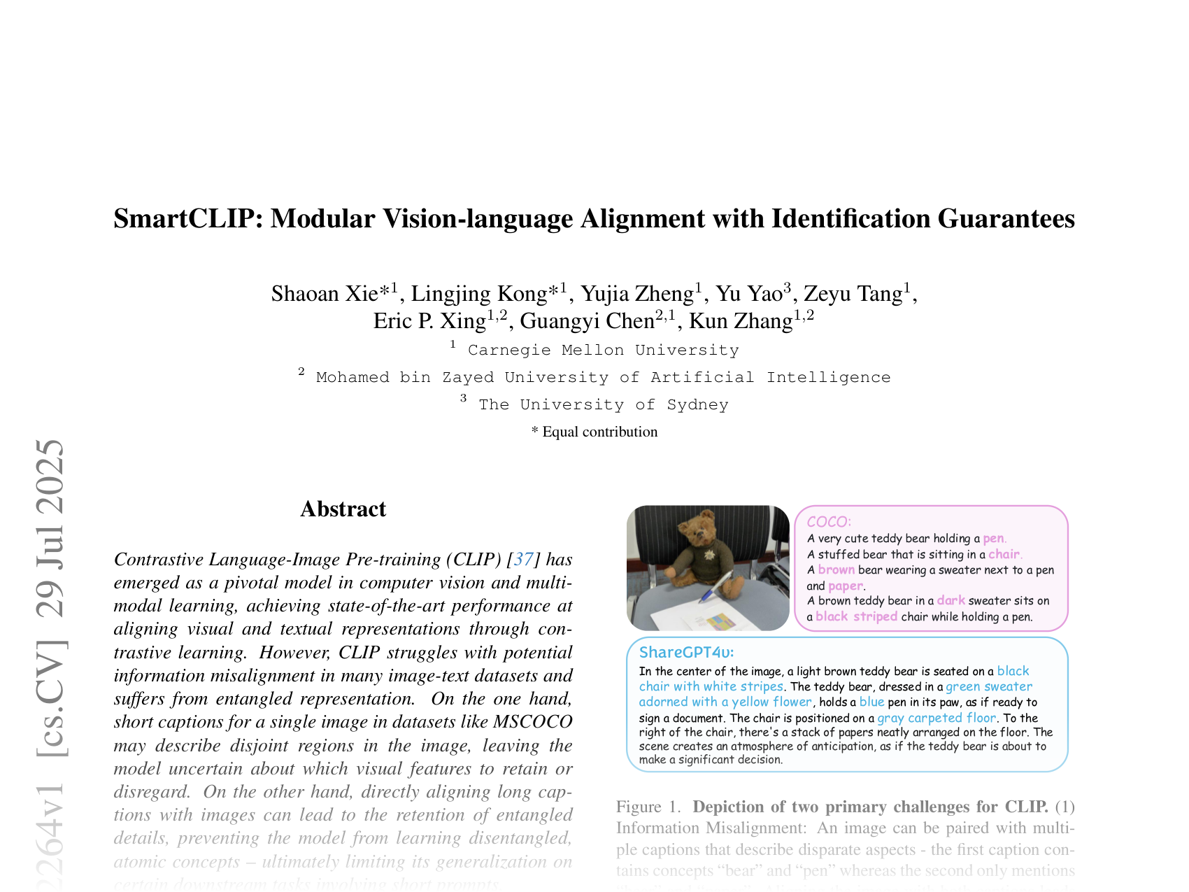 [SmartCLIP: Modular Vision-language Alignment with Identification Guarantees 🔗](https://arxiv.org/abs/2507.22264)