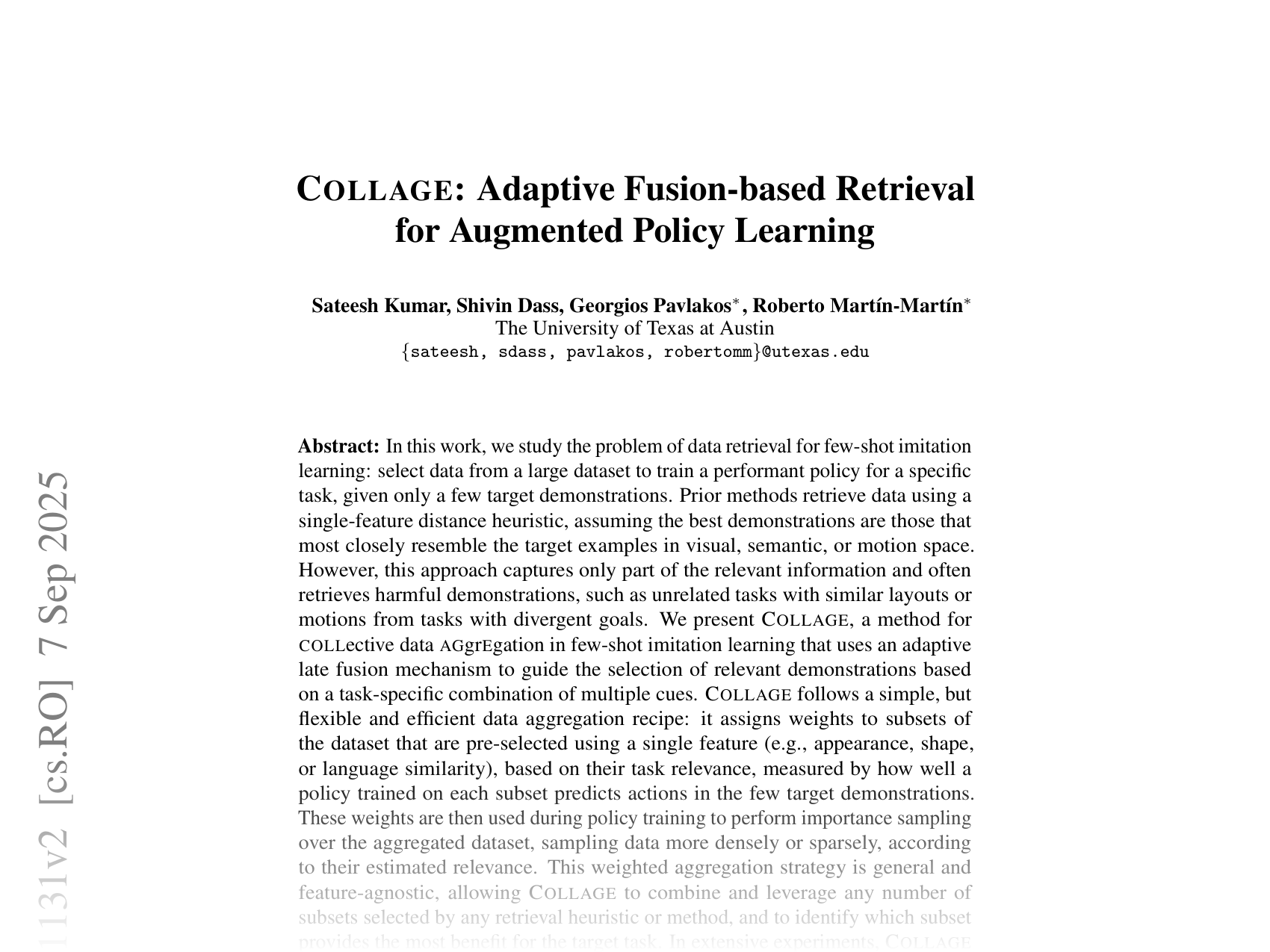 [COLLAGE: Adaptive Fusion-based Retrieval for Augmented Policy Learning 🔗](https://arxiv.org/abs/2508.01131)