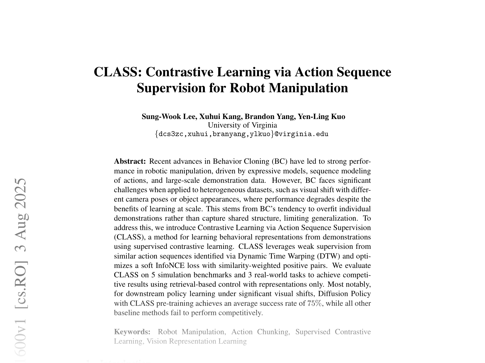 [CLASS: Contrastive Learning via Action Sequence Supervision for Robot Manipulation 🔗](https://arxiv.org/abs/2508.01600)