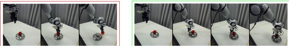 Comparison of base VLA vs RICL on the idli plate task.