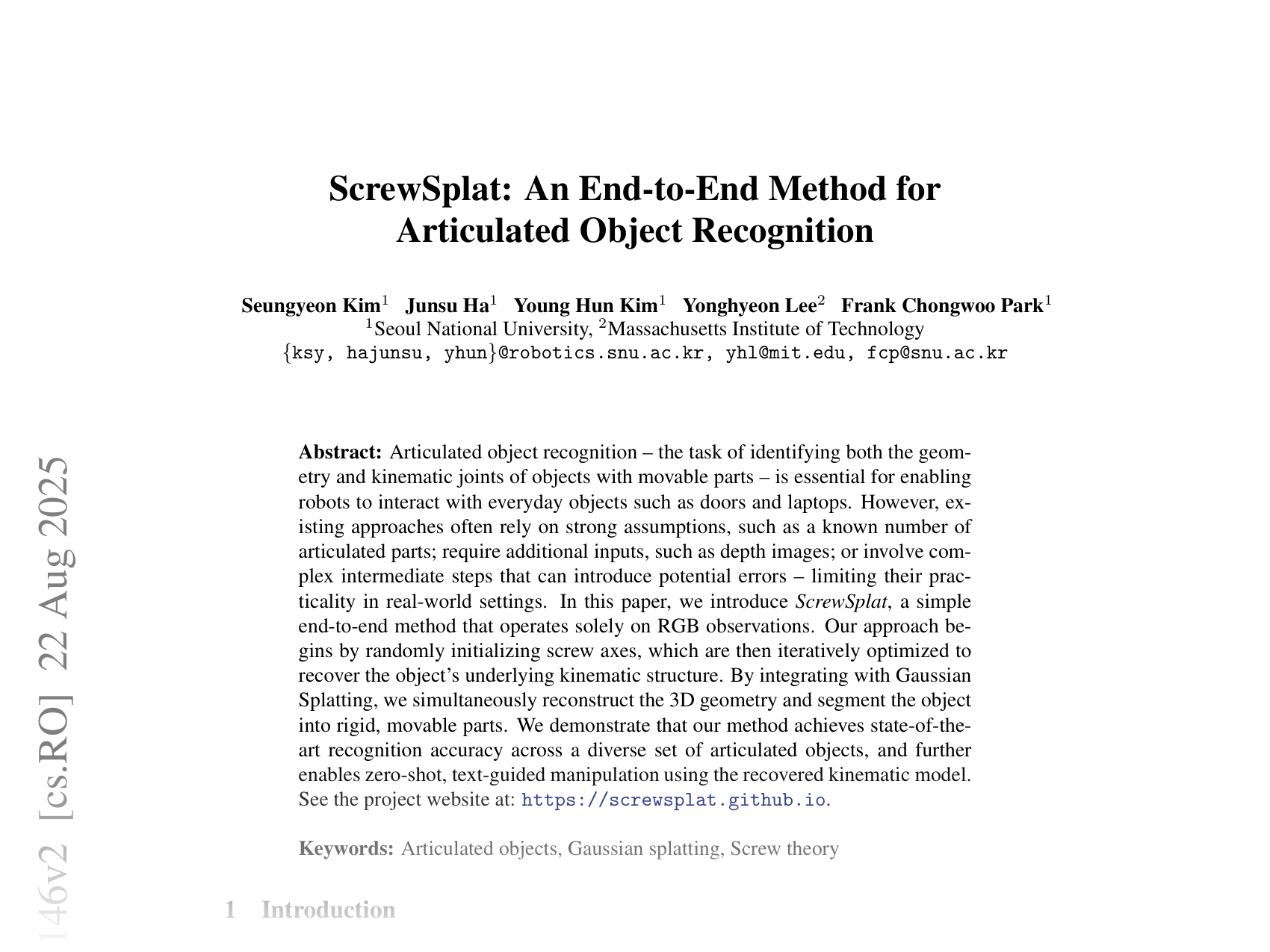 [ScrewSplat: An End-to-End Method for Articulated Object Recognition 🔗](https://arxiv.org/abs/2508.02146)