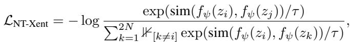 Equation for the NT-Xent contrastive loss used to train the reward classifier.