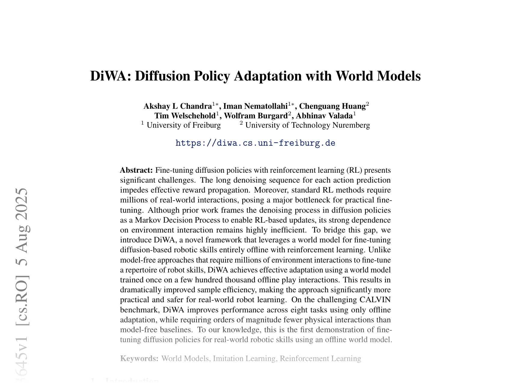 [DiWA: Diffusion Policy Adaptation with World Models 🔗](https://arxiv.org/abs/2508.03645)