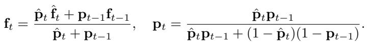 Equation 3: Bayesian update equations for temporally aggregating image features and their probabilities.