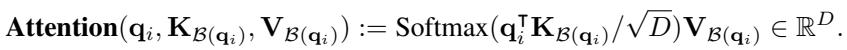 Equation 5: The Ball Query Attention formula. It applies Softmax only to keys K within the ball B(q_i).