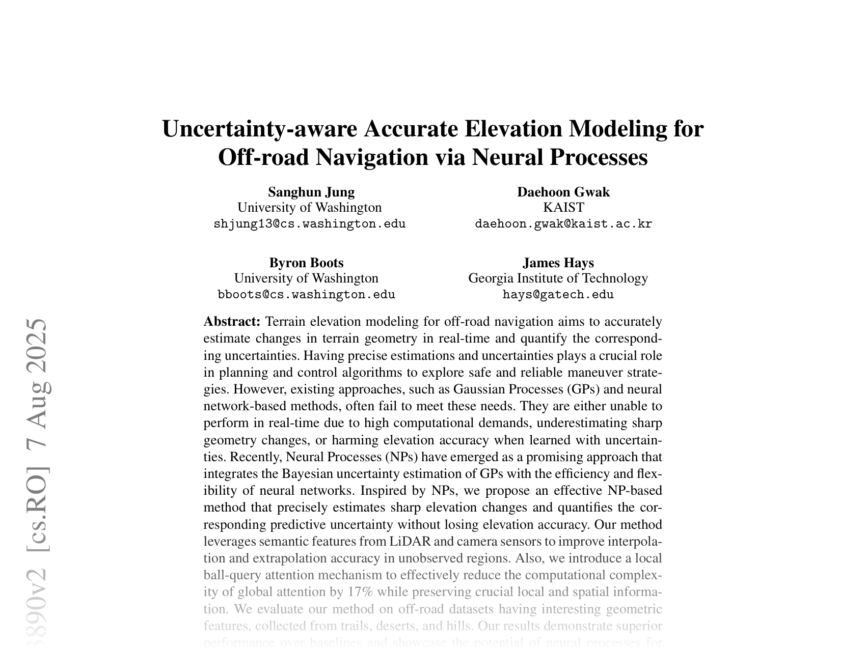 [Uncertainty-aware Accurate Elevation Modeling for Off-road Navigation via Neural Processes 🔗](https://arxiv.org/abs/2508.03890)