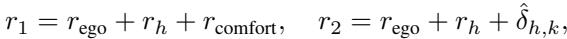Equation defining the radii r1 and r2, incorporating the uncertainty delta.